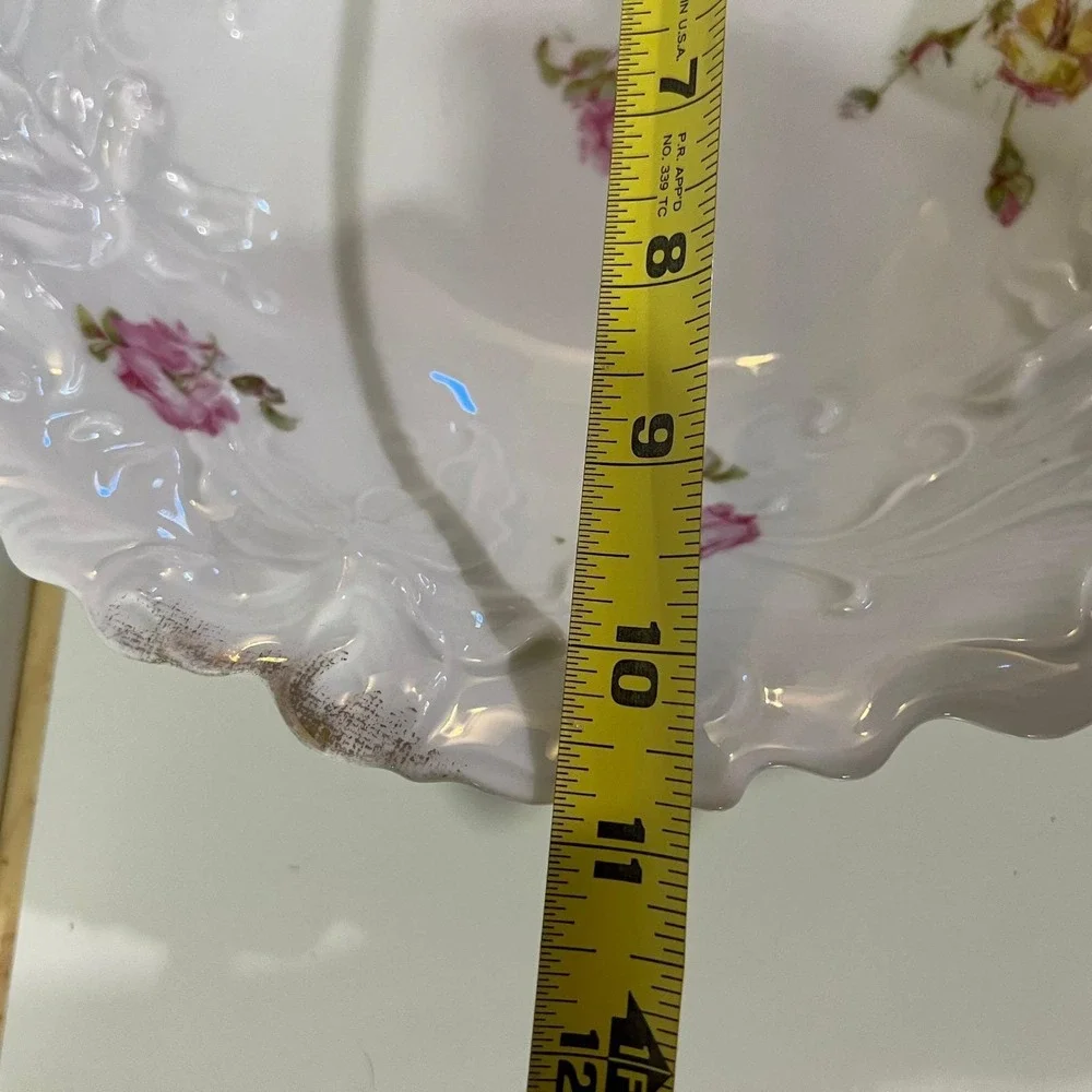 Vintage White Porcelain Serving Bowl Pink Rose Embossed Floral Gold Trim